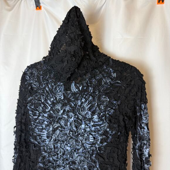 VTG Y2K In Vein Burnout Velvet Hoodie L Black Grunge Shredded Textured Indie - Picture 4 of 8